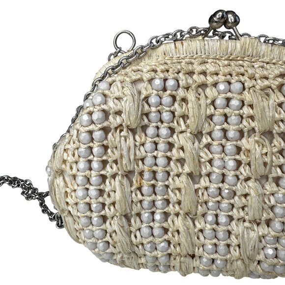 Vintage Italian Beaded Raffia Clutch Bag Cream Straw Purse - Picture 4 of 7